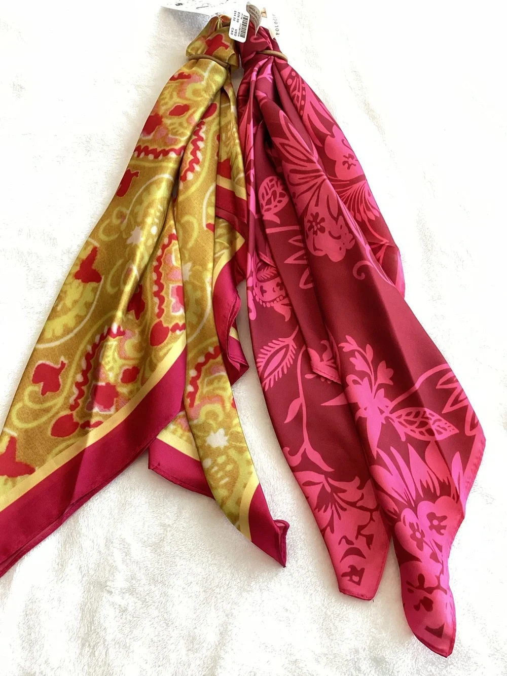 Anthropologie Silky Scarves Bag Head Hair Scarf New Set of 2 Yellow Pink Floral